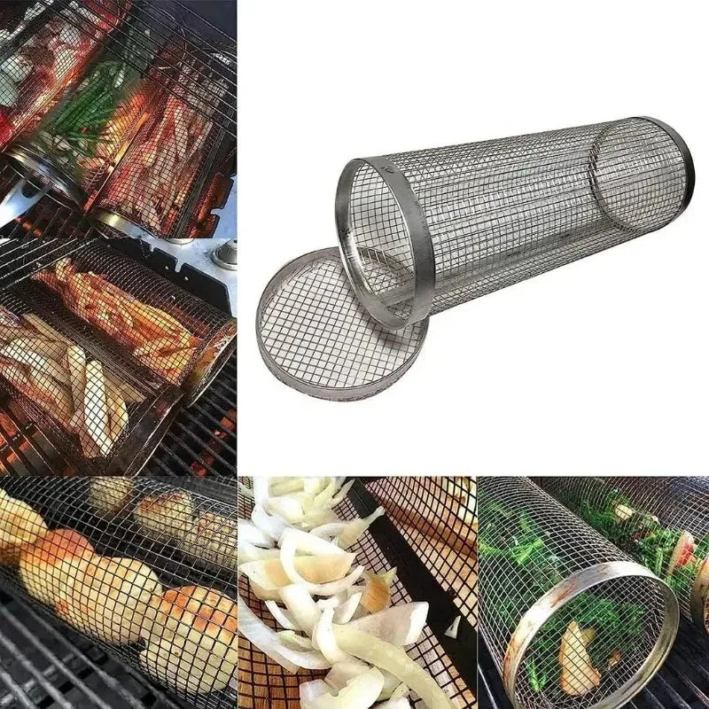 2PCS 304 Stainless Steel Rotating Grill Basket Cylinder - BBQ Rotisserie Cage for Outdoor Cooking,Food-Grade Portable Grill Mesh