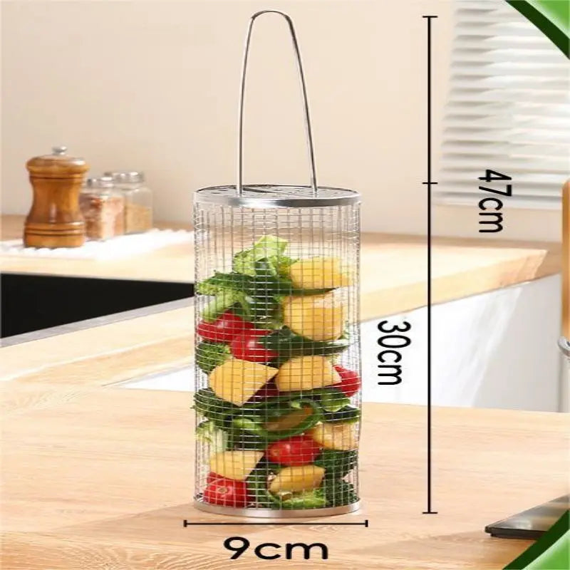 Rolling BBQ Grilling Basket Portable Bbq Vegetable Grill Basket Outdoor BBQ Accessories Round Barbecue Rack French Fries Fish