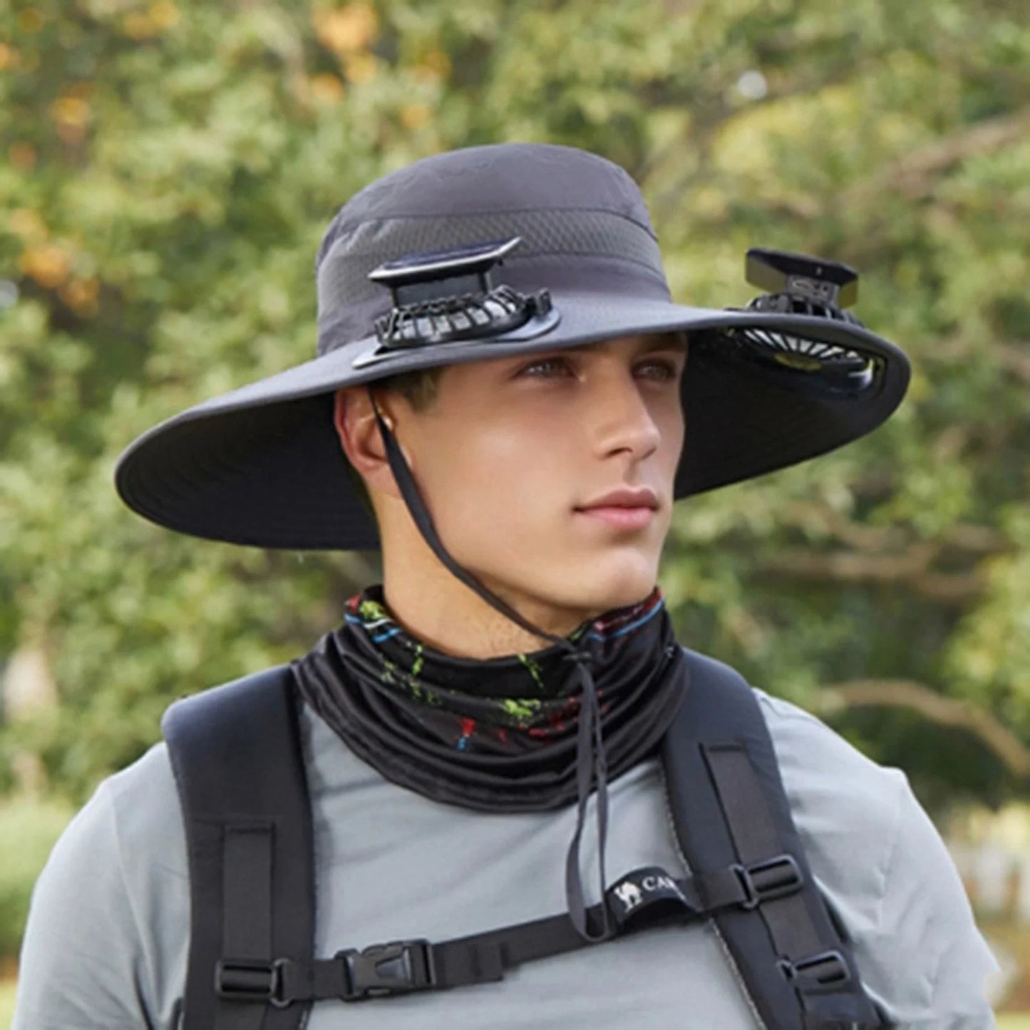 Mens Wide Brim Solar Fan Hat Outdoor 50+Upf Protection Sun Hats With 2 Solar Fan Hiking Fishing Solar Powered Visor Cap Dropping