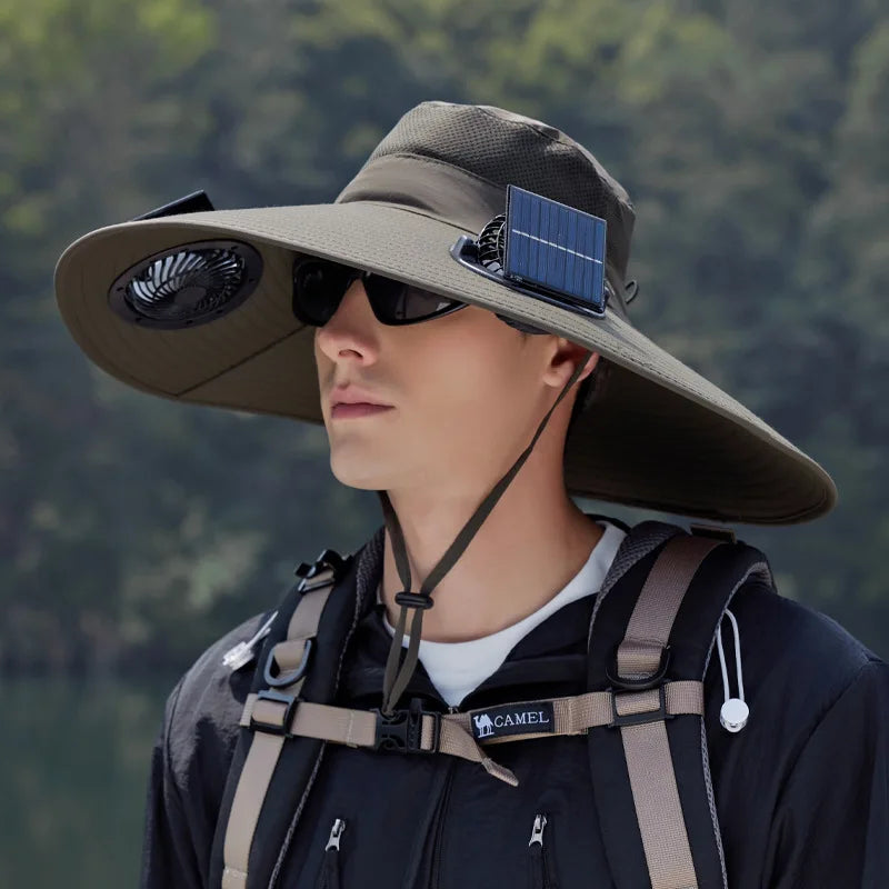 Summer New Dual Solar Fan Hat For Men Outdoor Fishing Sun Protection Visor Hat Large Brim Quick Drying Waterproof Bucket Hat