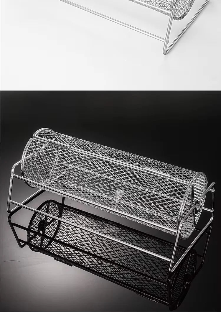 Stainless Steel Rolling BBQ Grill Mesh Basket Grill Rotisserie Basket roll Barbecue cage Roaster