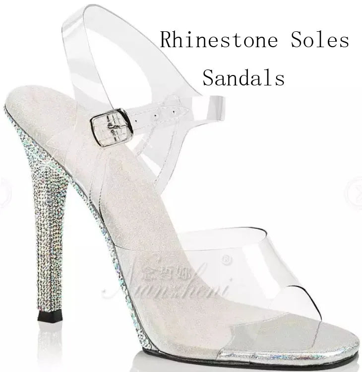 12cm high heel shoes modeling performance, bikini competition shoes, rhinestone soles stripper fetish sandals evening 5 inches