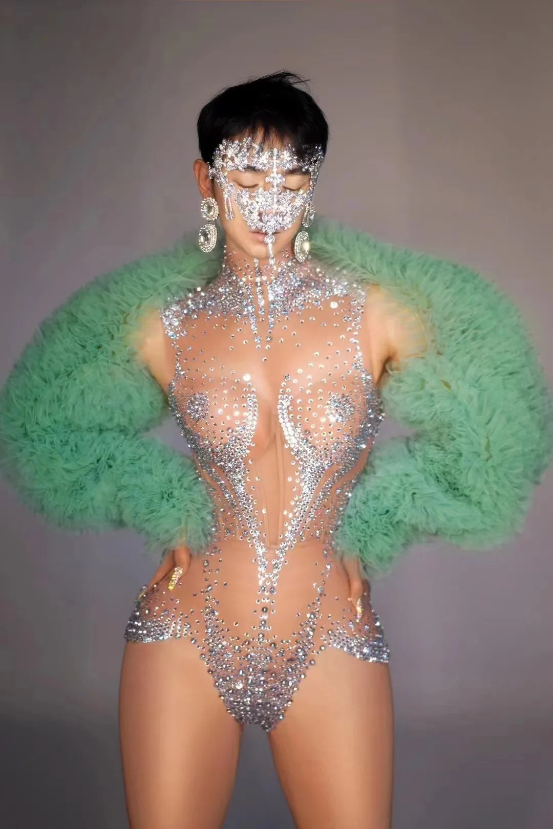 Sexy Stage Sparkly Rhinestones Leotard Women Mesh See Through Dance Performance Costume Singer Dancer Stage Bodysuit Club Wear