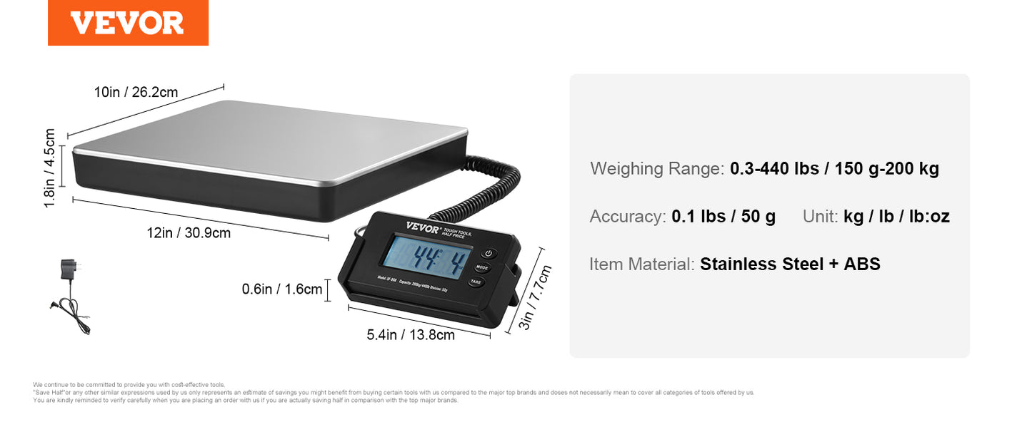 SucceBuy 440lbs Digital Shipping Scale with Timer Tare Function HD LCD Screen Portable Package Postal Scale for Home Post Office