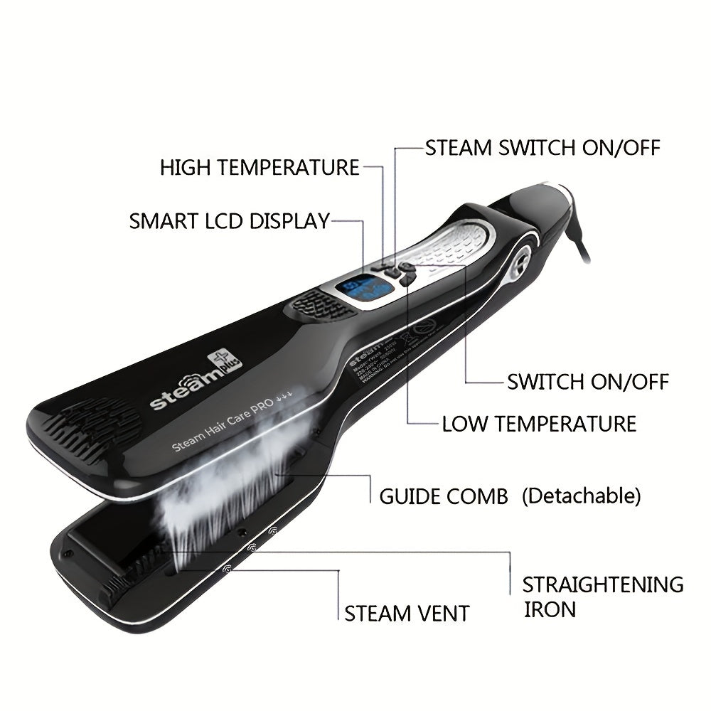 Steam Hair Straightener Flat Iron - Ceramic Ionic Plates, Detachable Comb, Adjustable Temperature, Digital LCD Display, Dual Voltage for Home and Salon Use