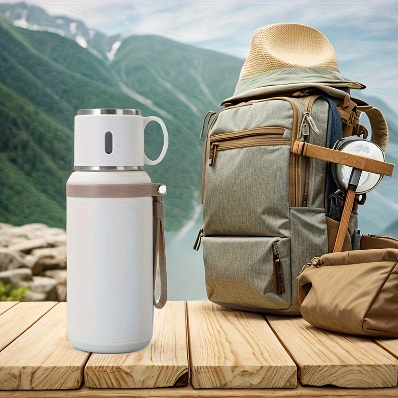 Insulated Stainless Steel Water Bottle with Rope Handle, Dual-Purpose Lid/Drinking Cup, Portable Vacuum Flask for Camping, Cycling, Car, Office - Suitable for Hot & Cold Beverages, Ideal Gift for Ages 14+