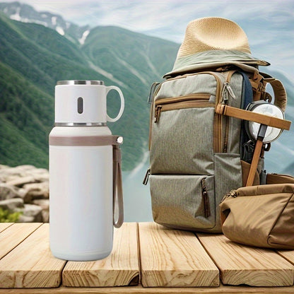 Insulated Stainless Steel Water Bottle with Rope Handle, Dual-Purpose Lid/Drinking Cup, Portable Vacuum Flask for Camping, Cycling, Car, Office - Suitable for Hot & Cold Beverages, Ideal Gift for Ages 14+
