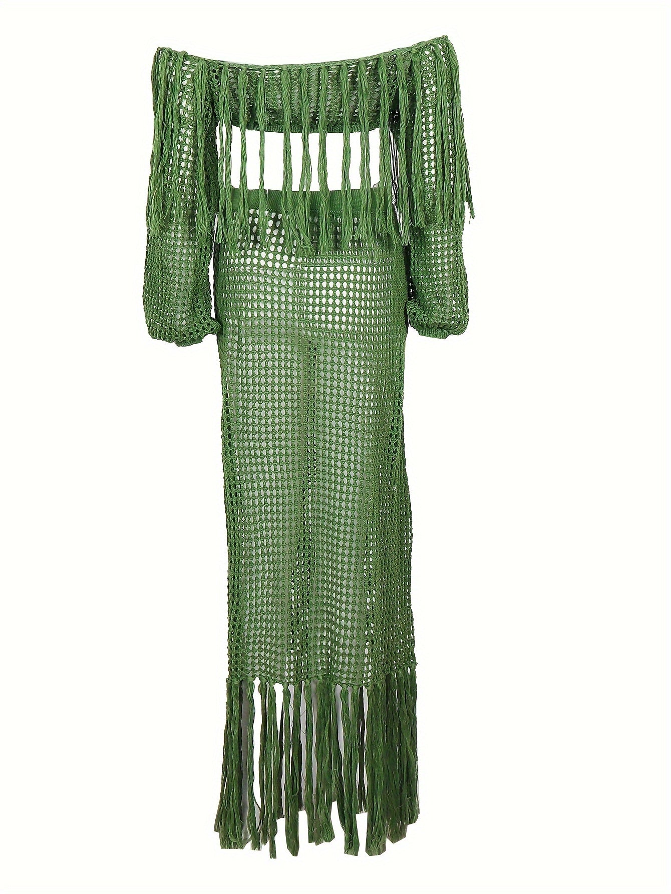 Long Sleeve Off-Shoulder Crop Top & High Waist Split Hem Skirt Set - Elegant Vacation Outfit with Tassel Details, Semi-Sheer Knit Fabric, and Crochet Fringe Hem - Polyester Womens Clothing for Summer