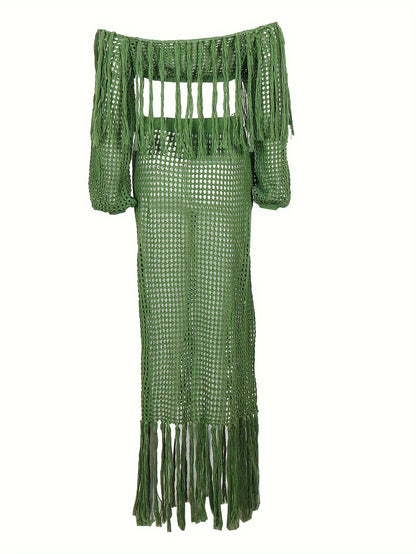 Long Sleeve Off-Shoulder Crop Top & High Waist Split Hem Skirt Set - Elegant Vacation Outfit with Tassel Details, Semi-Sheer Knit Fabric, and Crochet Fringe Hem - Polyester Womens Clothing for Summer