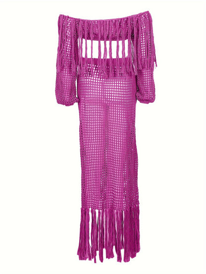 Long Sleeve Off-Shoulder Crop Top & High Waist Split Hem Skirt Set - Elegant Vacation Outfit with Tassel Details, Semi-Sheer Knit Fabric, and Crochet Fringe Hem - Polyester Womens Clothing for Summer