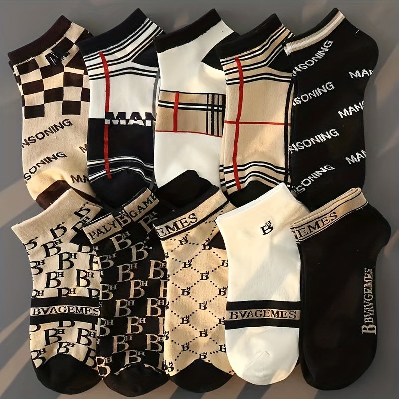 10 Pairs Letter & Plaid Print Socks, Fashion Lightweight & Breathable Ankle Socks, Women's Stockings & Hosiery