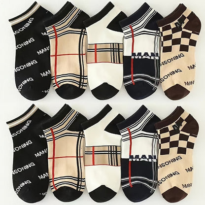 10 Pairs Letter & Plaid Print Socks, Fashion Lightweight & Breathable Ankle Socks, Women's Stockings & Hosiery