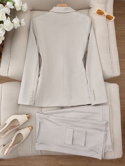 Women's Elegant Professional Pants Set - Single Breasted Shawl Collar Blazer with Flap Pockets, Simple Straight Leg Pants for Work, Office, Business, and Formal Occasions - High-Quality, Comfortable, and Versatile Clothing