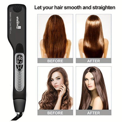 Steam Hair Straightener Flat Iron - Ceramic Ionic Plates, Detachable Comb, Adjustable Temperature, Digital LCD Display, Dual Voltage for Home and Salon Use