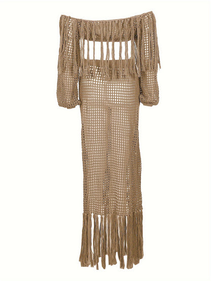 Long Sleeve Off-Shoulder Crop Top & High Waist Split Hem Skirt Set - Elegant Vacation Outfit with Tassel Details, Semi-Sheer Knit Fabric, and Crochet Fringe Hem - Polyester Womens Clothing for Summer