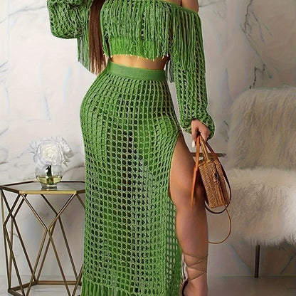 Long Sleeve Off-Shoulder Crop Top & High Waist Split Hem Skirt Set - Elegant Vacation Outfit with Tassel Details, Semi-Sheer Knit Fabric, and Crochet Fringe Hem - Polyester Womens Clothing for Summer