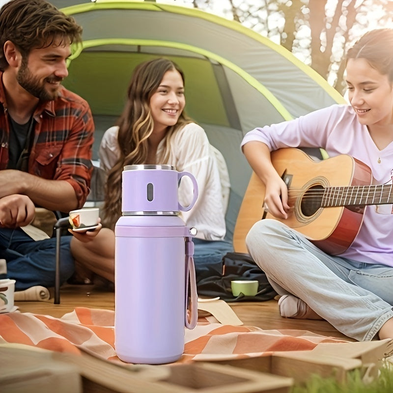Insulated Stainless Steel Water Bottle with Rope Handle, Dual-Purpose Lid/Drinking Cup, Portable Vacuum Flask for Camping, Cycling, Car, Office - Suitable for Hot & Cold Beverages, Ideal Gift for Ages 14+