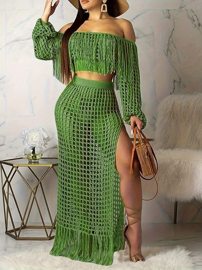 Long Sleeve Off-Shoulder Crop Top & High Waist Split Hem Skirt Set - Elegant Vacation Outfit with Tassel Details, Semi-Sheer Knit Fabric, and Crochet Fringe Hem - Polyester Womens Clothing for Summer