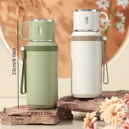 Insulated Stainless Steel Water Bottle with Rope Handle, Dual-Purpose Lid/Drinking Cup, Portable Vacuum Flask for Camping, Cycling, Car, Office - Suitable for Hot & Cold Beverages, Ideal Gift for Ages 14+