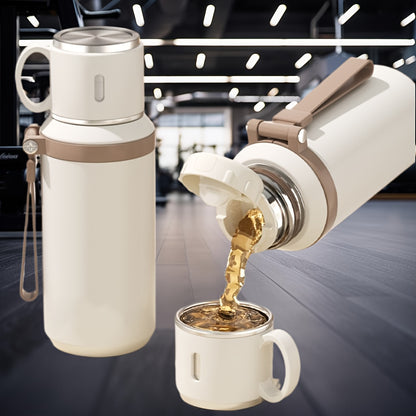 Insulated Stainless Steel Water Bottle with Rope Handle, Dual-Purpose Lid/Drinking Cup, Portable Vacuum Flask for Camping, Cycling, Car, Office - Suitable for Hot & Cold Beverages, Ideal Gift for Ages 14+