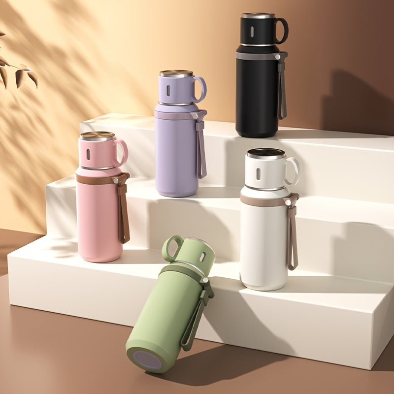 Insulated Stainless Steel Water Bottle with Rope Handle, Dual-Purpose Lid/Drinking Cup, Portable Vacuum Flask for Camping, Cycling, Car, Office - Suitable for Hot & Cold Beverages, Ideal Gift for Ages 14+