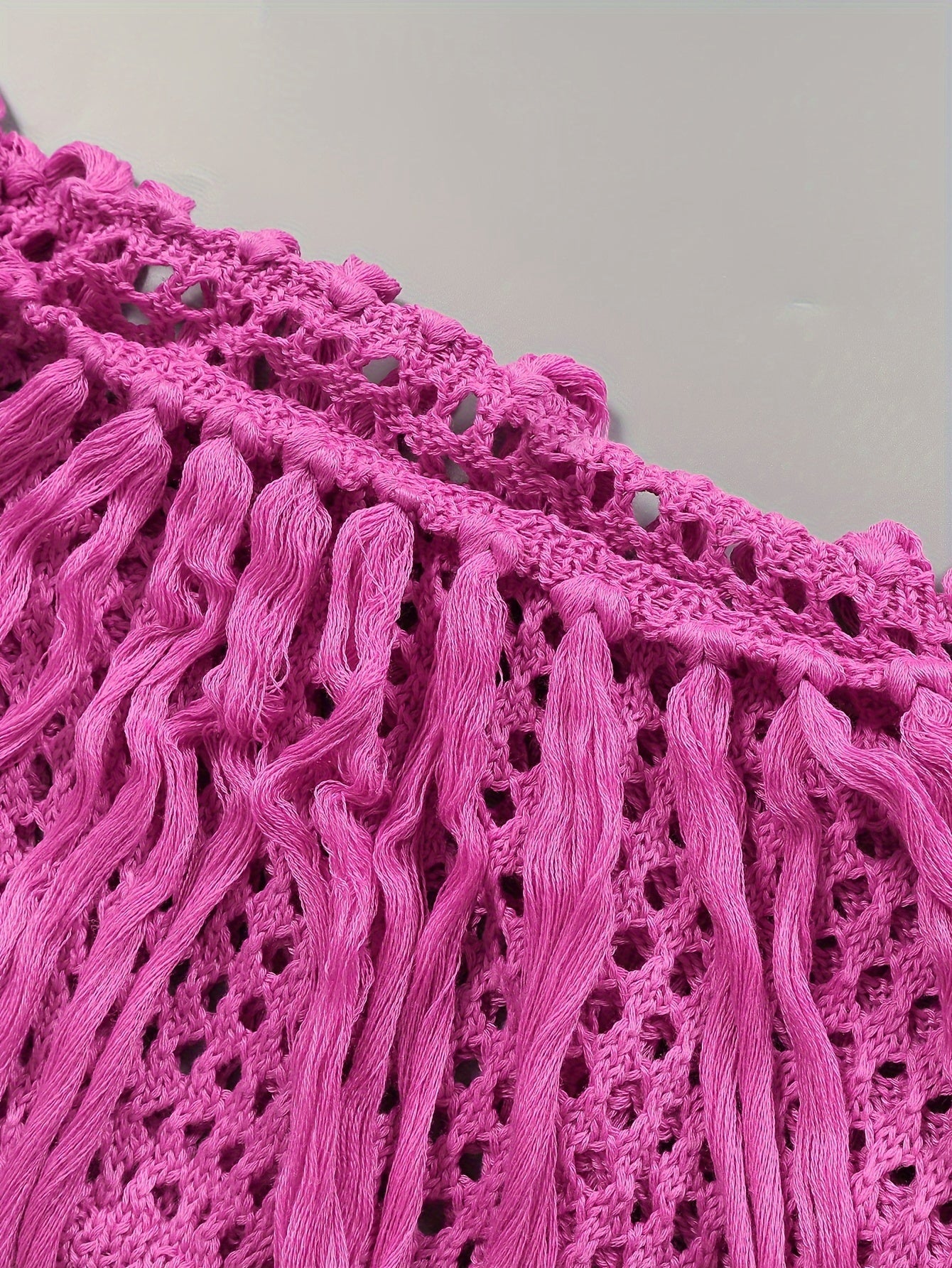 Long Sleeve Off-Shoulder Crop Top & High Waist Split Hem Skirt Set - Elegant Vacation Outfit with Tassel Details, Semi-Sheer Knit Fabric, and Crochet Fringe Hem - Polyester Womens Clothing for Summer