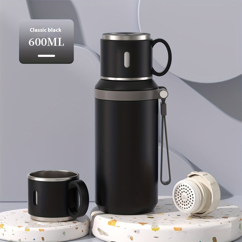 Insulated Stainless Steel Water Bottle with Rope Handle, Dual-Purpose Lid/Drinking Cup, Portable Vacuum Flask for Camping, Cycling, Car, Office - Suitable for Hot & Cold Beverages, Ideal Gift for Ages 14+