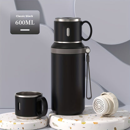 Insulated Stainless Steel Water Bottle with Rope Handle, Dual-Purpose Lid/Drinking Cup, Portable Vacuum Flask for Camping, Cycling, Car, Office - Suitable for Hot & Cold Beverages, Ideal Gift for Ages 14+