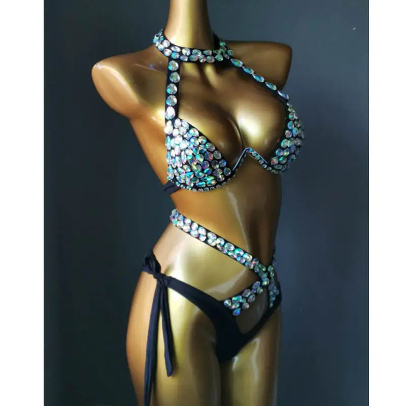 Nightclub Bar DJ Pole Dancing Crystal Bikini Costume Women Models Catwalk Club Party Rhinestones Bra Shorts 2-Pieces Set
