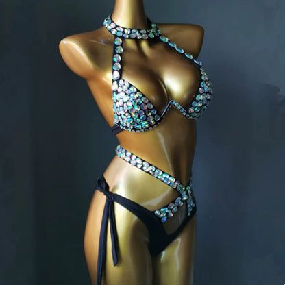 Nightclub Bar DJ Pole Dancing Crystal Bikini Costume Women Models Catwalk Club Party Rhinestones Bra Shorts 2-Pieces Set