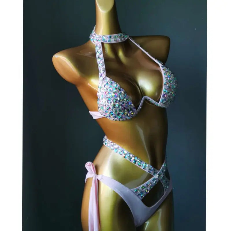 Nightclub Bar DJ Pole Dancing Crystal Bikini Costume Women Models Catwalk Club Party Rhinestones Bra Shorts 2-Pieces Set