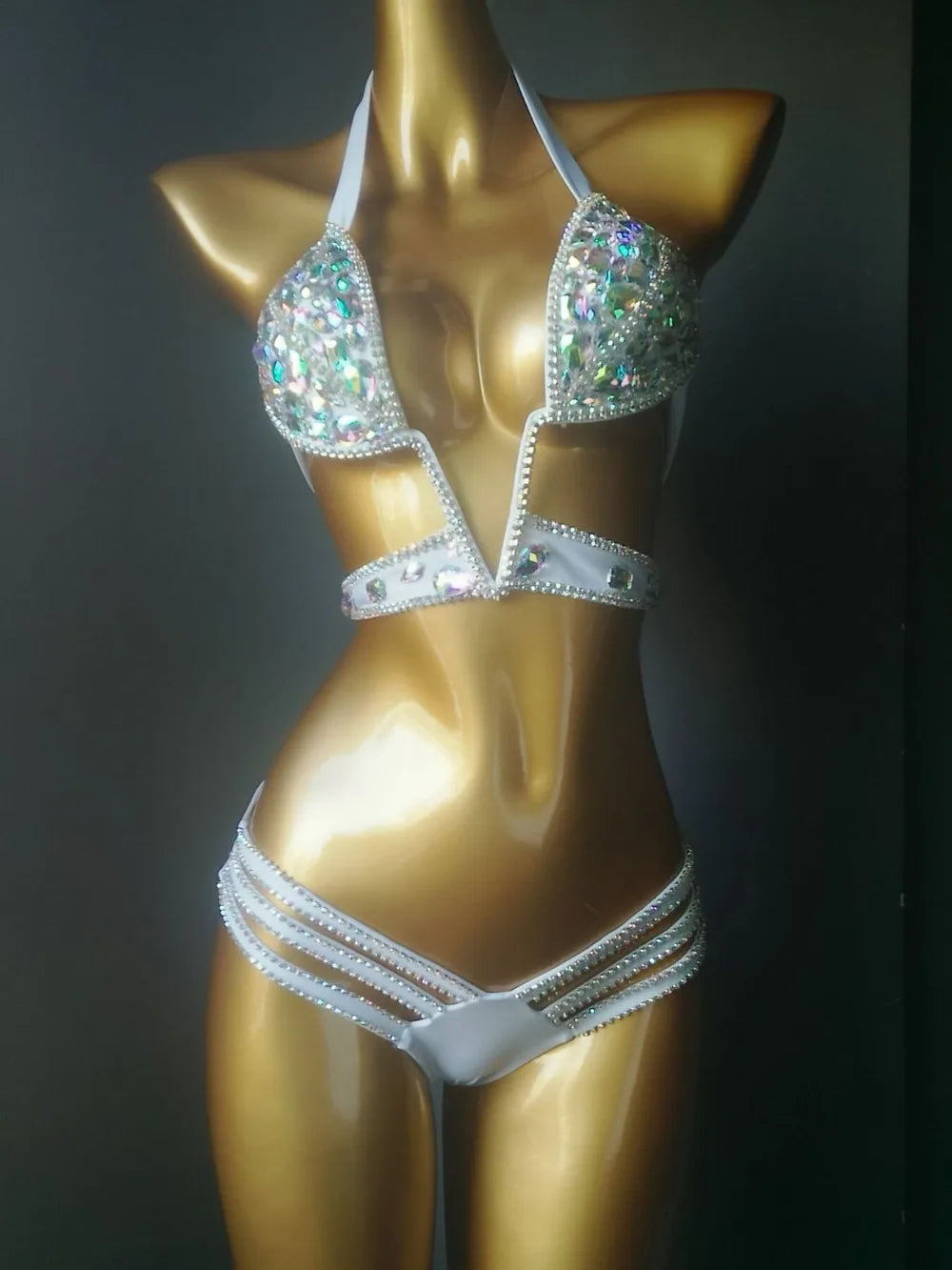 Nightclub Bar Sexy Rhinestones Bikini Set Pole Dance Costume Women Club Party DJ DS Dancer Performance Rave Outfit Diamond Bra