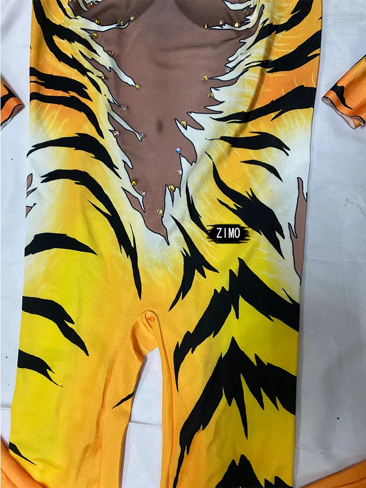 fashion jumpsuit women long sleeve sexy stage Outfit Tiger print Queen Nightclub DS Halloween Costumes Singers pole dance wear