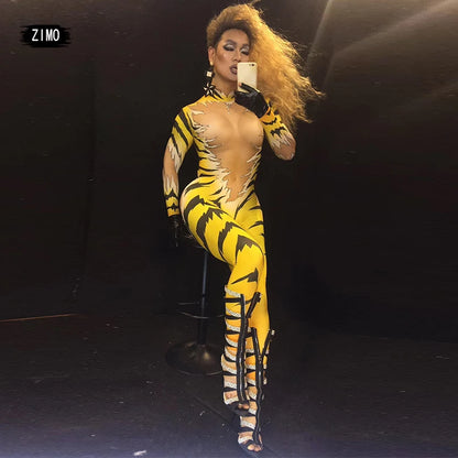 fashion jumpsuit women long sleeve sexy stage Outfit Tiger print Queen Nightclub DS Halloween Costumes Singers pole dance wear