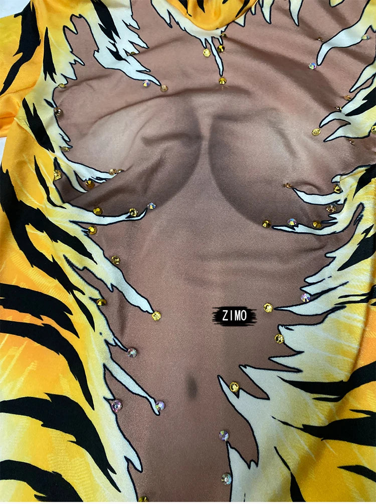 fashion jumpsuit women long sleeve sexy stage Outfit Tiger print Queen Nightclub DS Halloween Costumes Singers pole dance wear