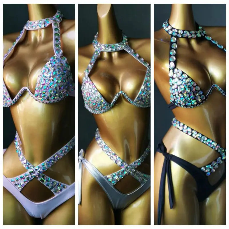 Nightclub Bar DJ Pole Dancing Crystal Bikini Costume Women Models Catwalk Club Party Rhinestones Bra Shorts 2-Pieces Set