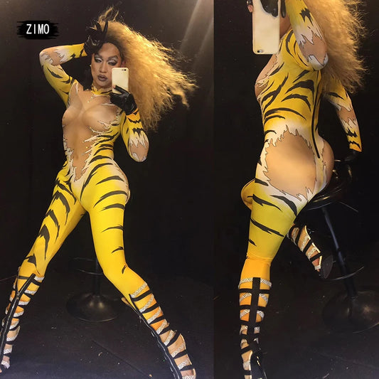 fashion jumpsuit women long sleeve sexy stage Outfit Tiger print Queen Nightclub DS Halloween Costumes Singers pole dance wear