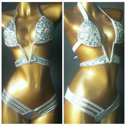 Nightclub Bar Sexy Rhinestones Bikini Set Pole Dance Costume Women Club Party DJ DS Dancer Performance Rave Outfit Diamond Bra