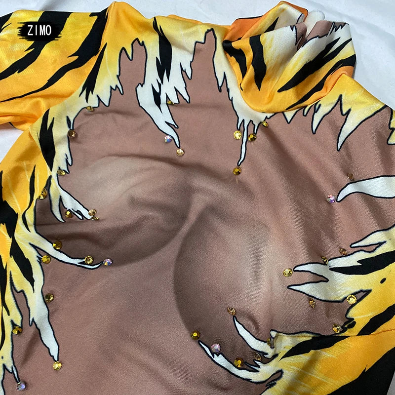fashion jumpsuit women long sleeve sexy stage Outfit Tiger print Queen Nightclub DS Halloween Costumes Singers pole dance wear