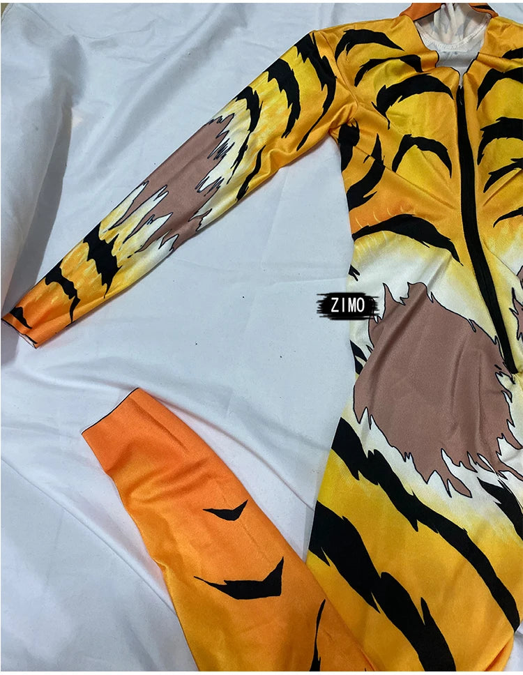 fashion jumpsuit women long sleeve sexy stage Outfit Tiger print Queen Nightclub DS Halloween Costumes Singers pole dance wear