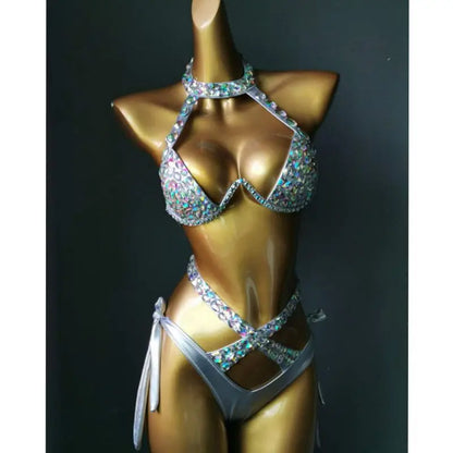 Nightclub Bar DJ Pole Dancing Crystal Bikini Costume Women Models Catwalk Club Party Rhinestones Bra Shorts 2-Pieces Set