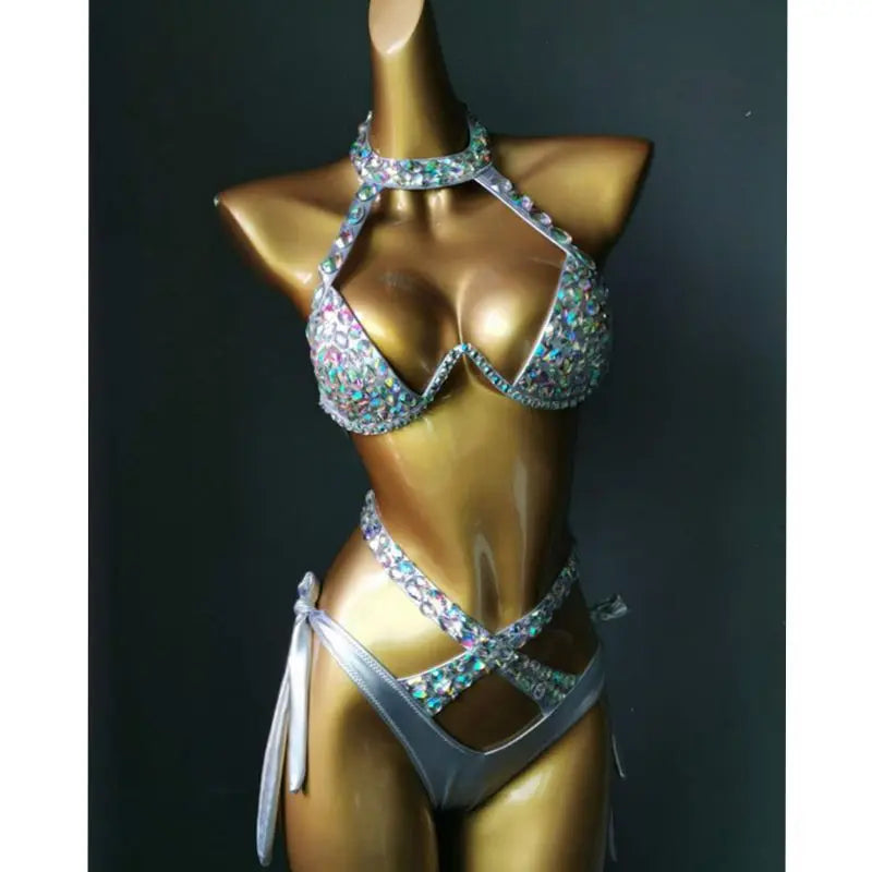 Nightclub Bar DJ Pole Dancing Crystal Bikini Costume Women Models Catwalk Club Party Rhinestones Bra Shorts 2-Pieces Set