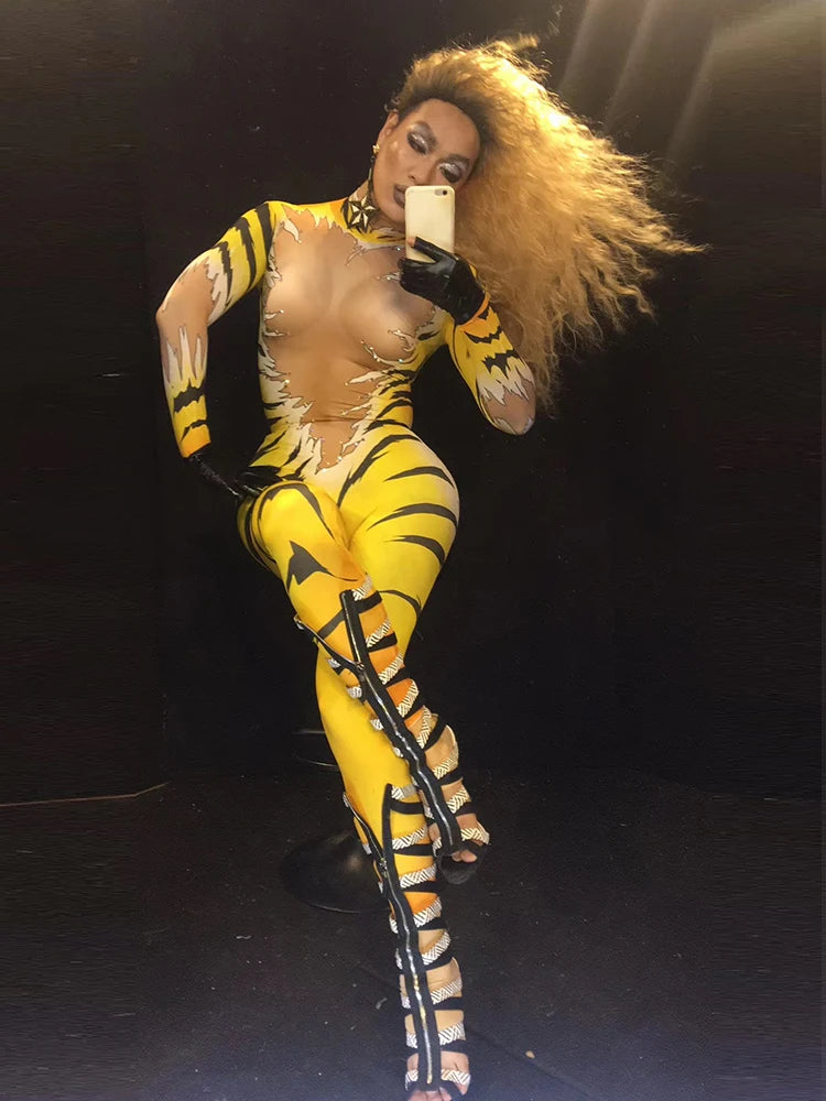 fashion jumpsuit women long sleeve sexy stage Outfit Tiger print Queen Nightclub DS Halloween Costumes Singers pole dance wear