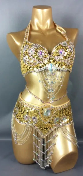 Hot Selling Women Beaded Sequins Belly Dancing Suite Belt+Bra Samba Costumes Club USA Bra Size 34B,36B,38B,40B,34D,36D,38D,40D