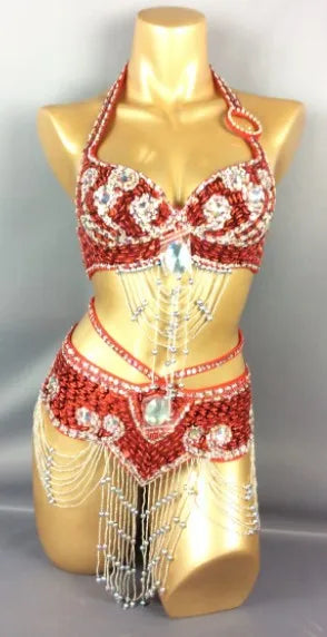 Hot Selling Women Beaded Sequins Belly Dancing Suite Belt+Bra Samba Costumes Club USA Bra Size 34B,36B,38B,40B,34D,36D,38D,40D