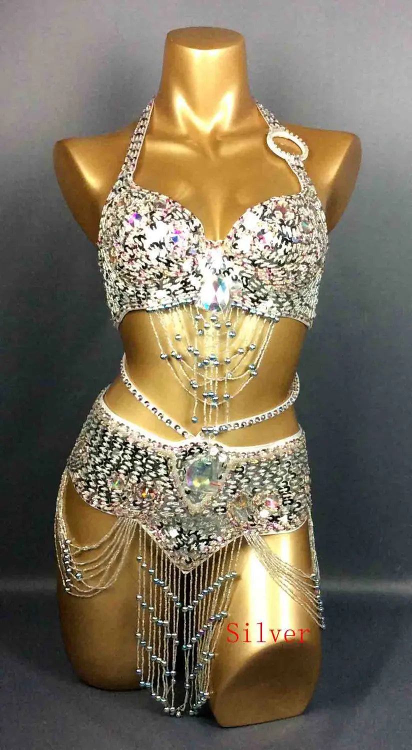Hot Selling Women Beaded Sequins Belly Dancing Suite Belt+Bra Samba Costumes Club USA Bra Size 34B,36B,38B,40B,34D,36D,38D,40D