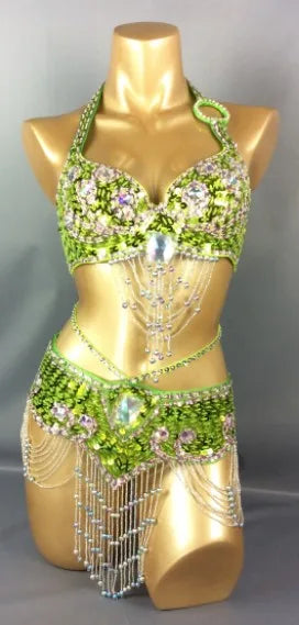 Hot Selling Women Beaded Sequins Belly Dancing Suite Belt+Bra Samba Costumes Club USA Bra Size 34B,36B,38B,40B,34D,36D,38D,40D