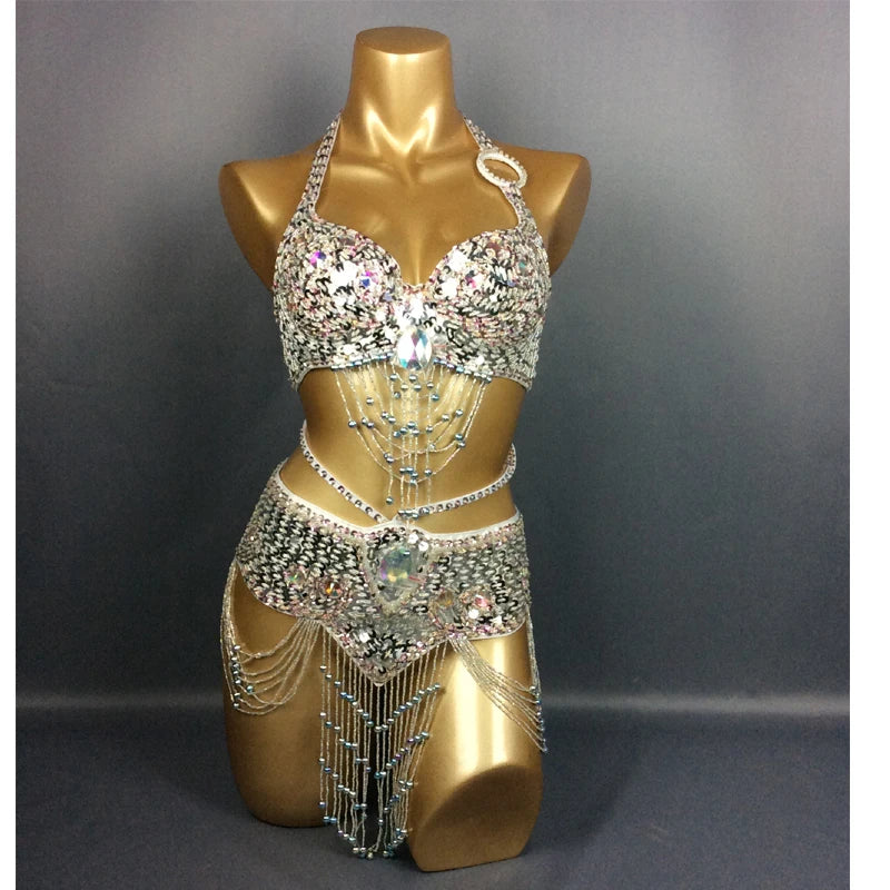 Hot Selling Women Beaded Sequins Belly Dancing Suite Belt+Bra Samba Costumes Club USA Bra Size 34B,36B,38B,40B,34D,36D,38D,40D
