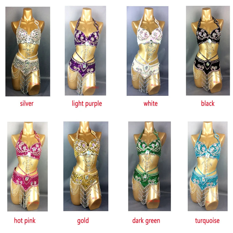 Hot Selling Women Beaded Sequins Belly Dancing Suite Belt+Bra Samba Costumes Club USA Bra Size 34B,36B,38B,40B,34D,36D,38D,40D