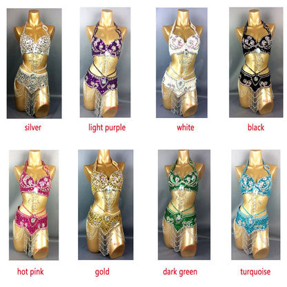 Hot Selling Women Beaded Sequins Belly Dancing Suite Belt+Bra Samba Costumes Club USA Bra Size 34B,36B,38B,40B,34D,36D,38D,40D
